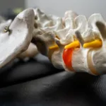 Close-up of a human spine model with red disc
